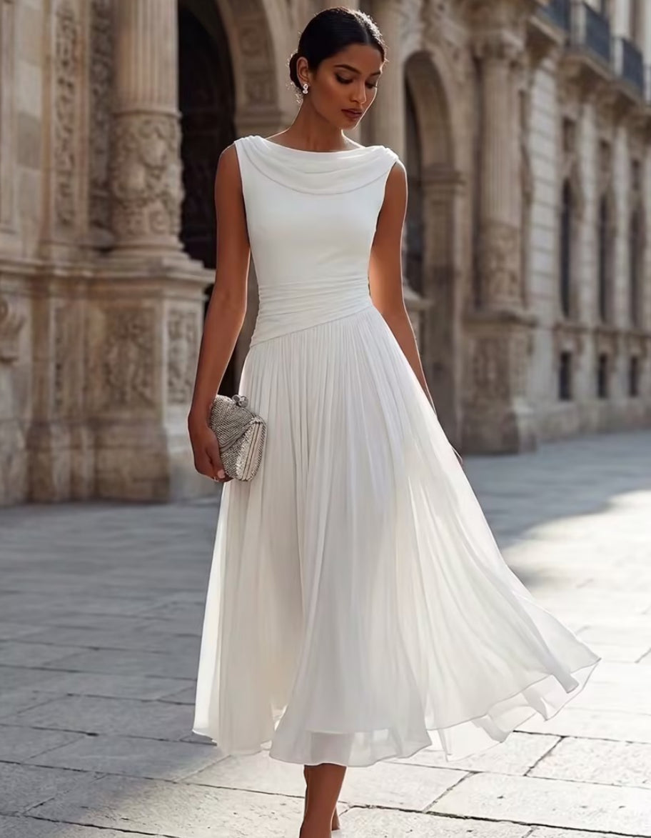 A-Line/Princess Boat Neck Chiffon Cocktail Dresses Sleeveless Tea-Length Pleated Little White Dresses Ruched Party Dresses