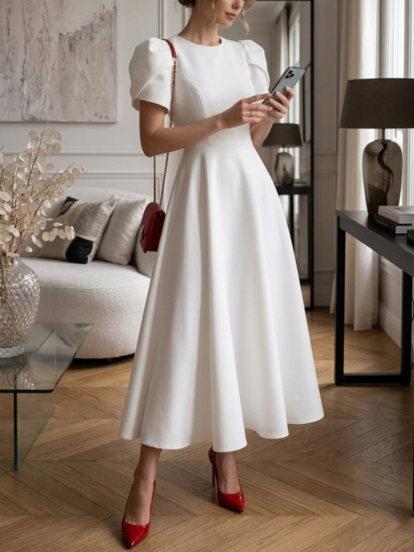 A-Line/Princess Jewel Neck Stretch Satin Cocktail Dresses Tea-Length Short Puffy Sleeves Little White Dresses Party Dresses
