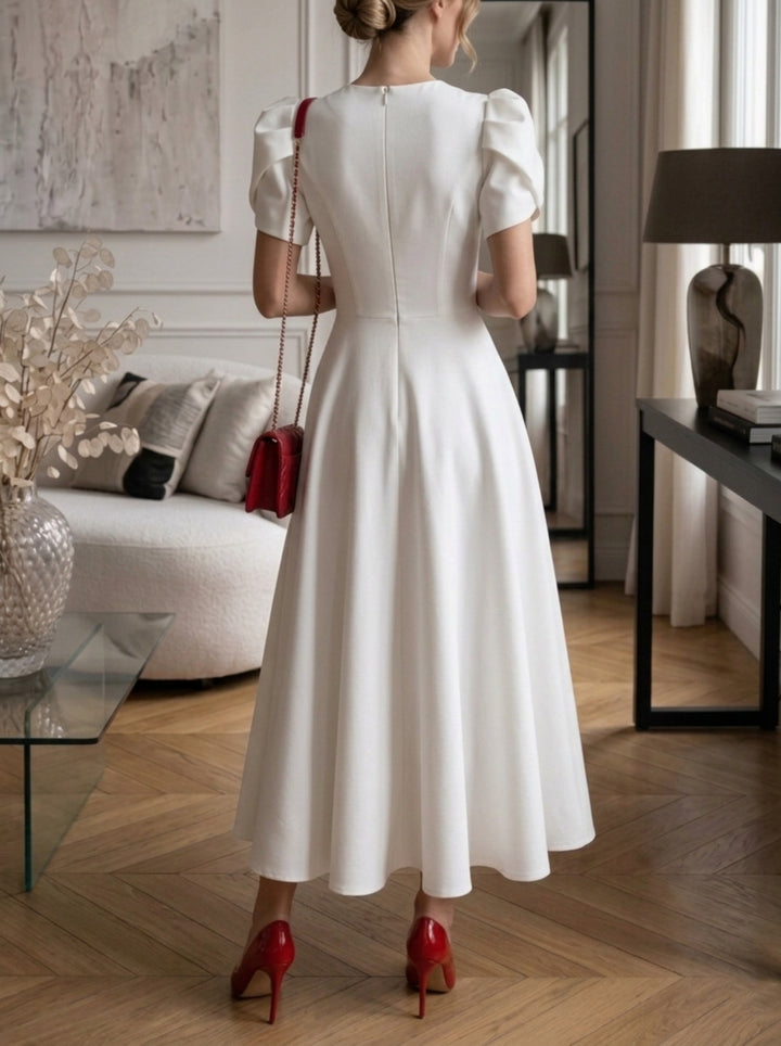 A-Line/Princess Jewel Neck Stretch Satin Cocktail Dresses Tea-Length Short Puffy Sleeves Little White Dresses Party Dresses