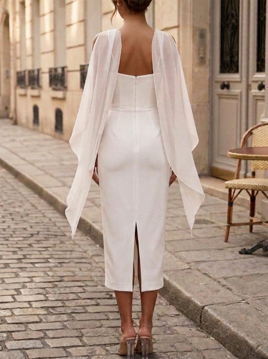 Sheath/Column Spaghetti Straps Stretch Satin Cocktail Dresses with Scarf Tea-Length Sleeveless Little White Dresses Party Dresses
