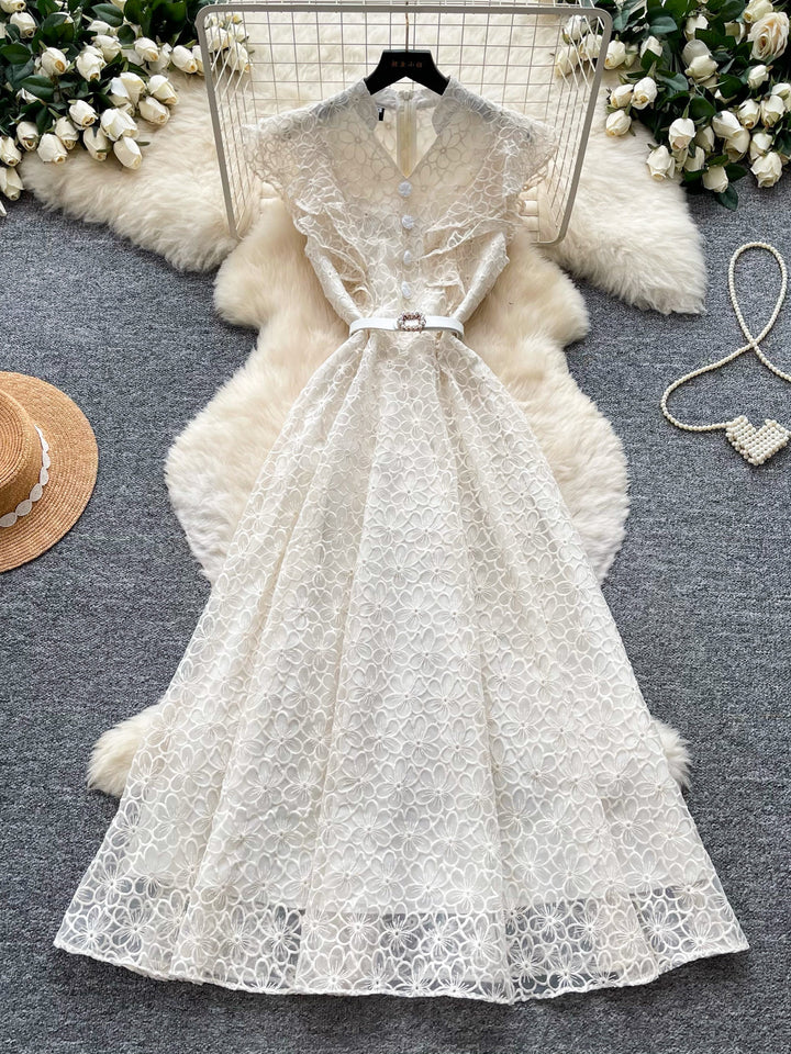 A-Line/Princess V-Neck Lace Floral Wedding Guest Dresses Tea-Length Sleeveless with Belt