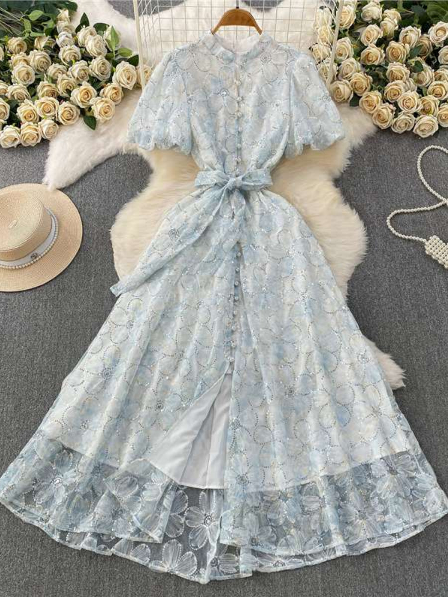 A-Line/Princess Scoop Lace Floral Wedding Guest Dresses Tea-Length Short Sleeves with Belt.