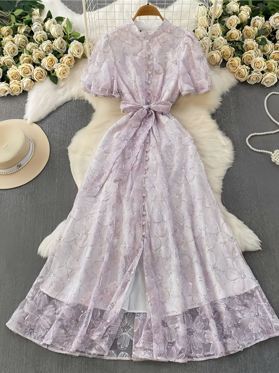 A-Line/Princess Scoop Lace Floral Wedding Guest Dresses Tea-Length Short Sleeves with Belt.