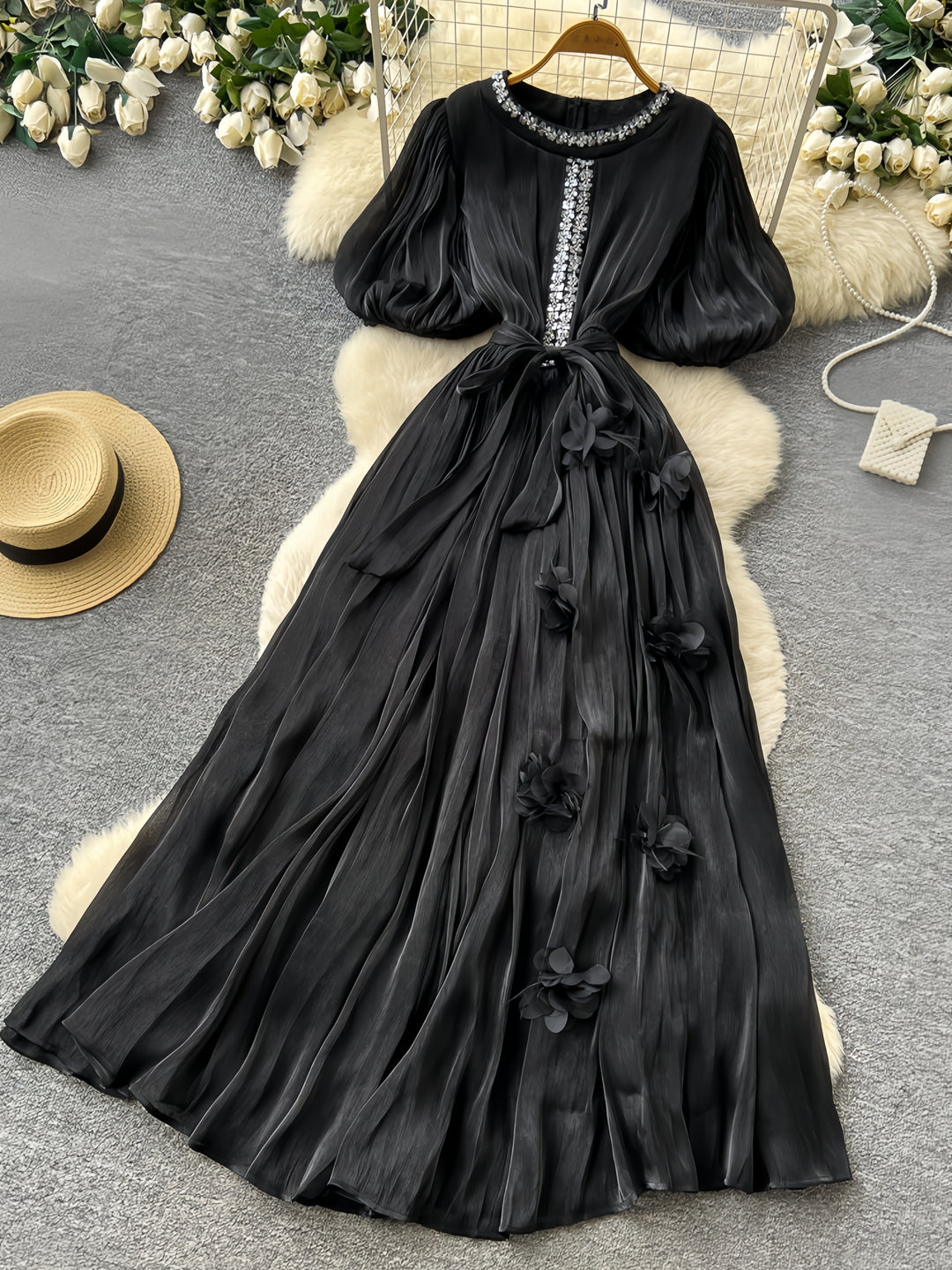 A-Line/Princess Scoop Floral Wedding Guest Dresses Tea-Length Short Sleeves with Belt