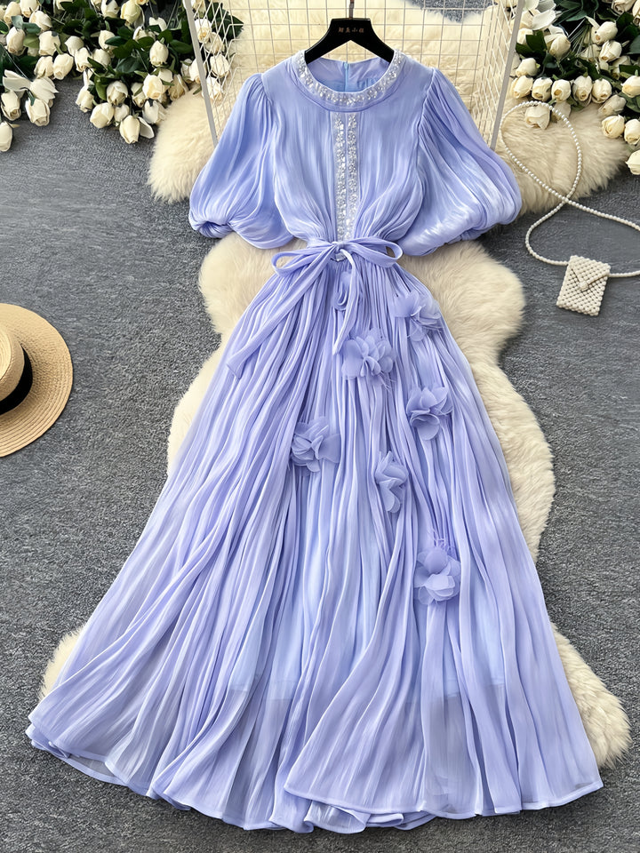 A-Line/Princess Scoop Floral 3D Flowers Wedding Guest Dresses Tea-Length Short Sleeves with Belt