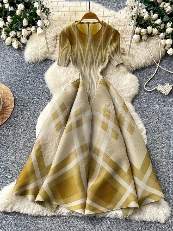 A-Line/Princess Scoop Floral Geometric Plaid Wedding Guest Dresses Tea-Length Short Sleeves