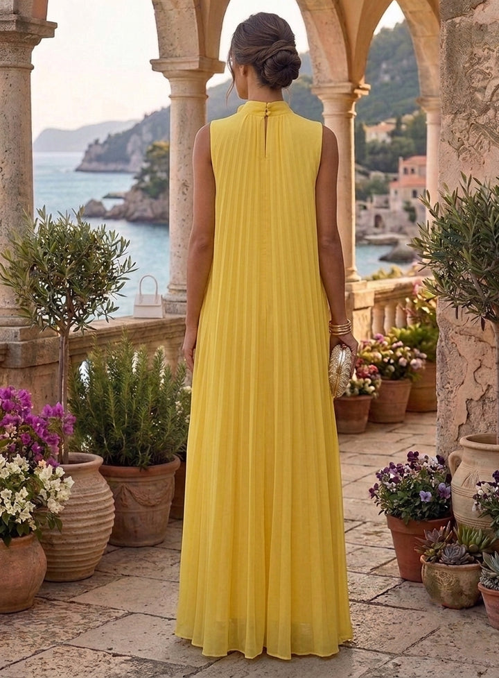 A-Line/Princess Mock Neck Chiffon Formal Dresses with 3D Flower Sleeveless Floor-Length Pleated Holiday Dresses