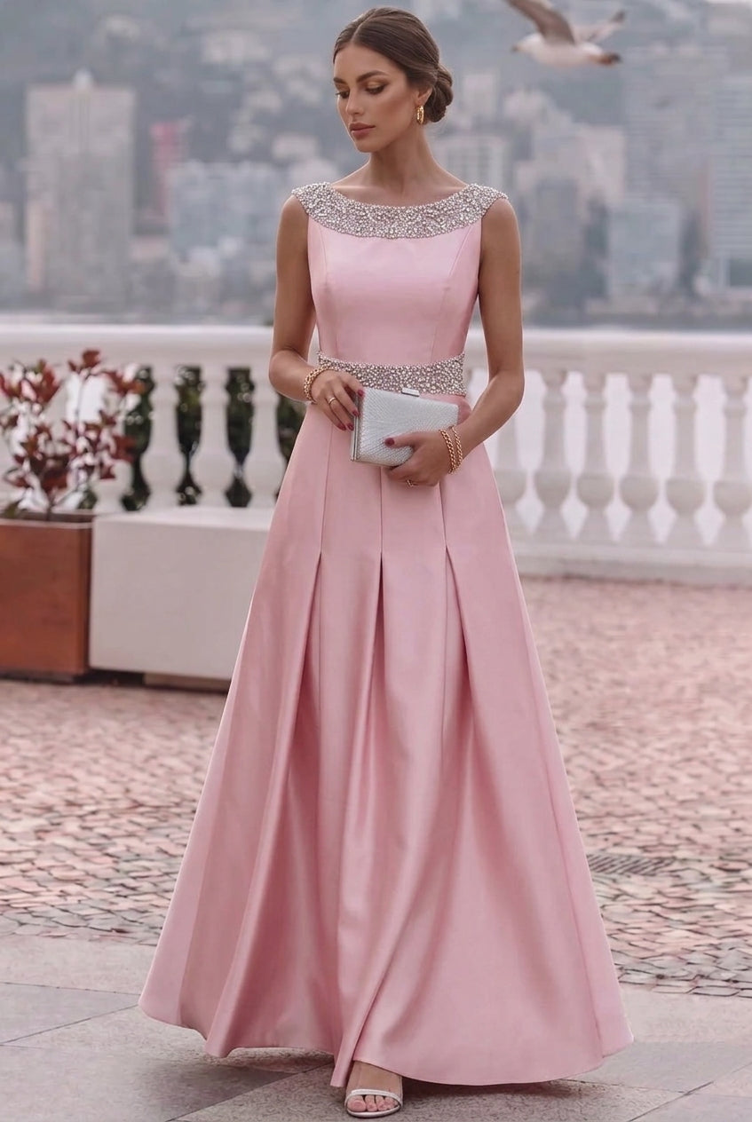 A-Line/Princess Scoop Satin Formal Dresses Ankle-Length Beading Sleeveless Evening Dresses, As Pic