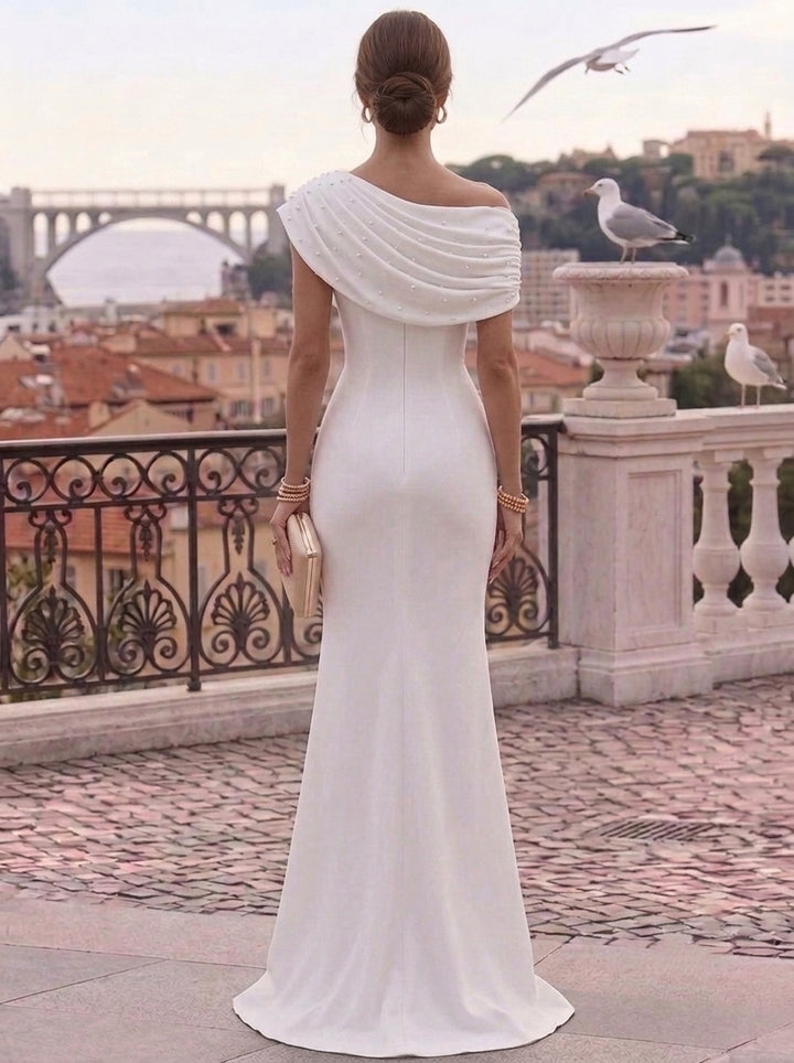 Trumpet/Mermaid One-Shoulder Stretch Satin Formal Dresses Floor-Length Sleeveless Evening Dresses Pearls