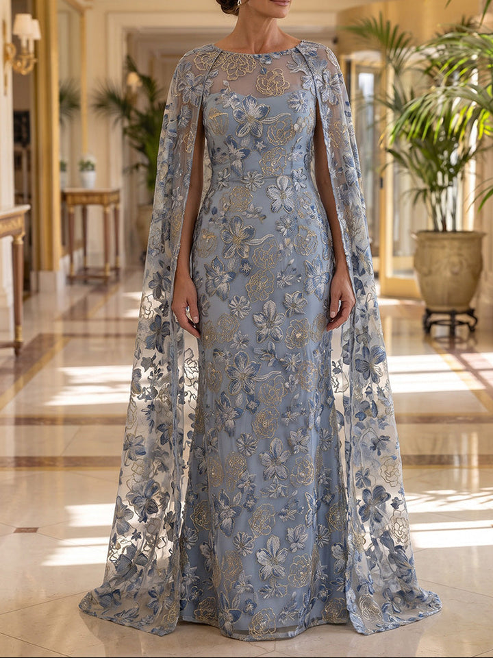 Trumpet/Mermaid Scoop Lace Embroidery Formal Dresses Floor-Length Cape Sleeves Evening Dresses