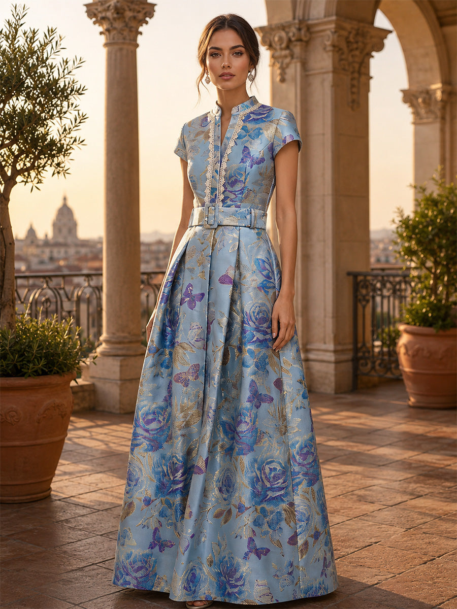 A-Line/Princess Mock Neck Jacquard Formal Dresses Floor-Length Short Sleeves Evening Dresses Floral with Belt