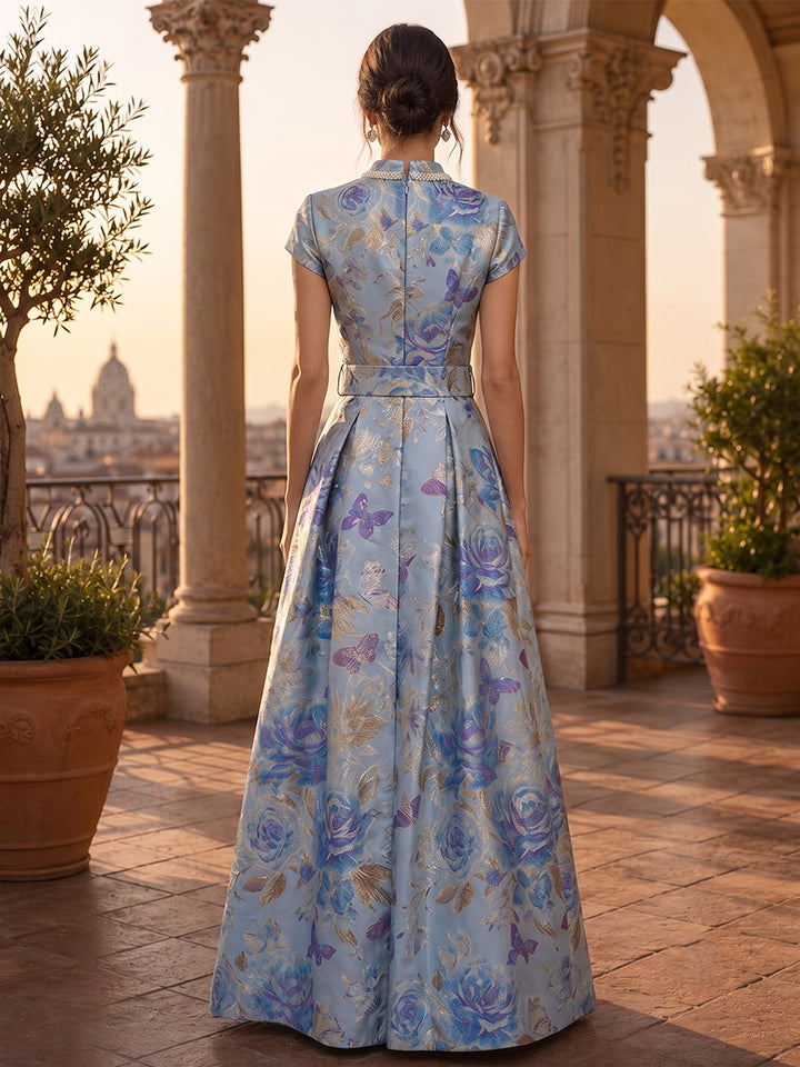 A-Line/Princess Mock Neck Jacquard Formal Dresses Floor-Length Short Sleeves Evening Dresses Floral with Belt