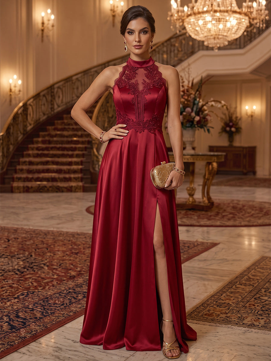 A-Line/Princess Halter Silk Satin Evening Dresses Floor-Length Sleeveless Formal Dresses Lace with Split Side