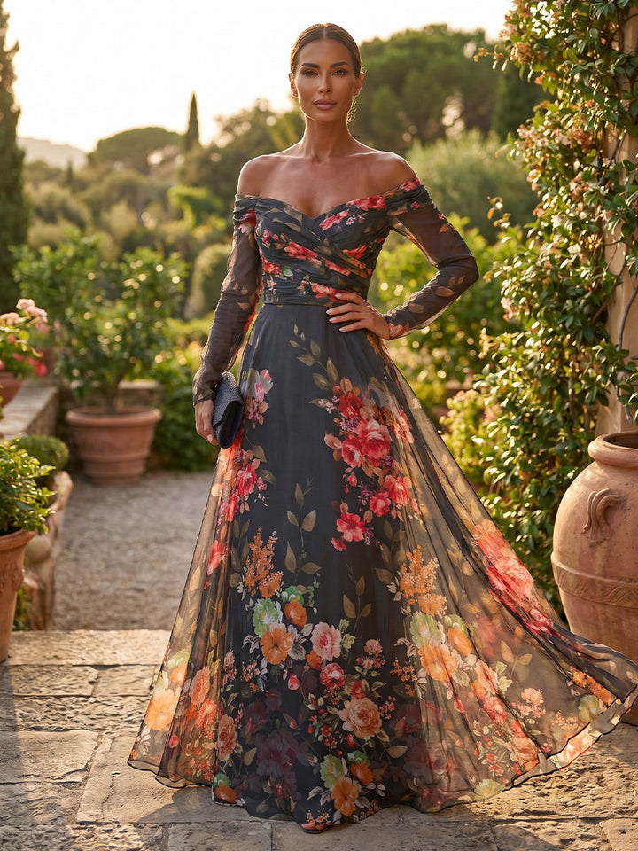 A-Line/Princess Off-the-Shoulder Floral Chiffon Formal Dresses Floor-Length Long Sleeves Evening Dresses