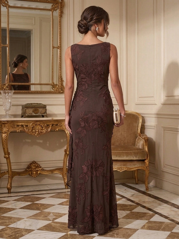 Sheath/Column Boat Neck Lace Embroidery Evening Dresses Sleeveless Floral Floor-Length Ruffles Formal Dresses