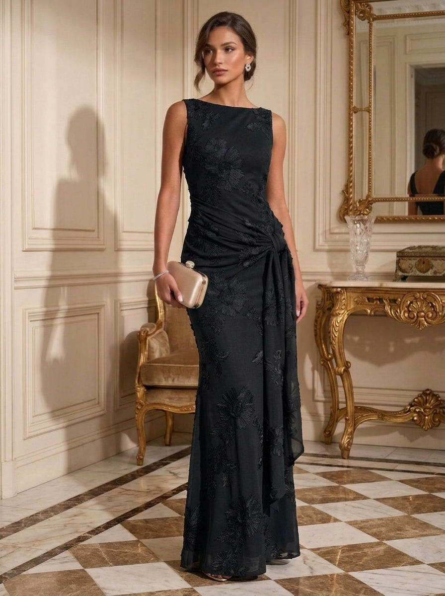Sheath/Column Boat Neck Lace Embroidery Evening Dresses Sleeveless Floral Floor-Length Ruffles Formal Dresses