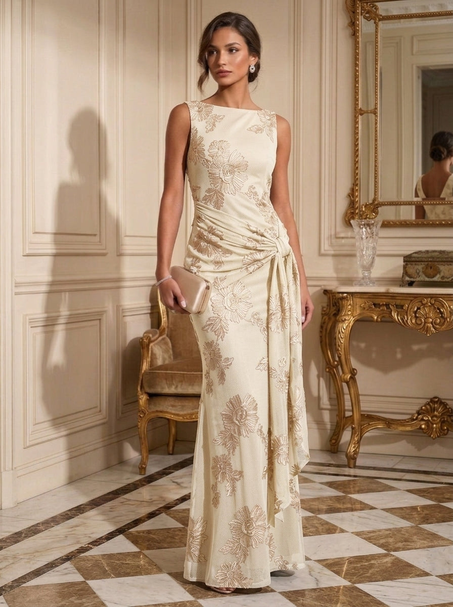 Sheath/Column Boat Neck Lace Embroidery Evening Dresses Sleeveless Floral Floor-Length Ruffles Formal Dresses