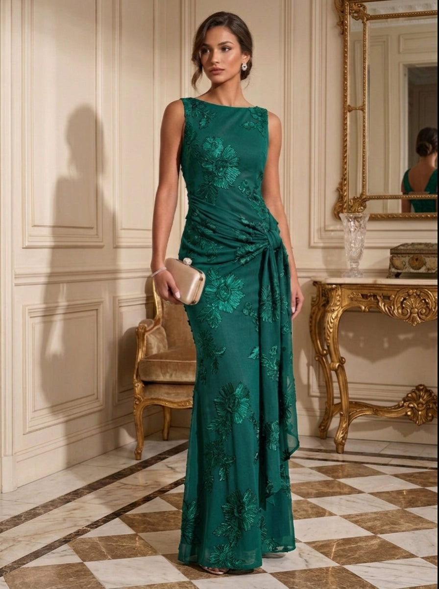 Sheath/Column Boat Neck Lace Embroidery Evening Dresses Sleeveless Floral Floor-Length Ruffles Formal Dresses