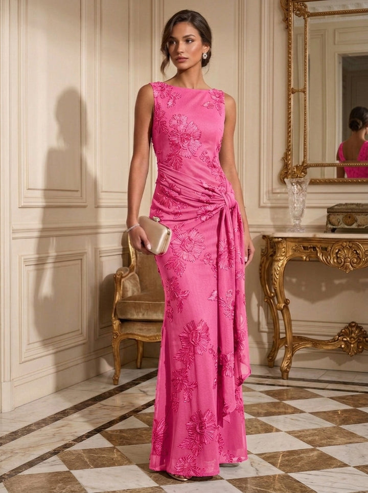 Sheath/Column Boat Neck Lace Embroidery Evening Dresses Sleeveless Floral Floor-Length Ruffles Formal Dresses