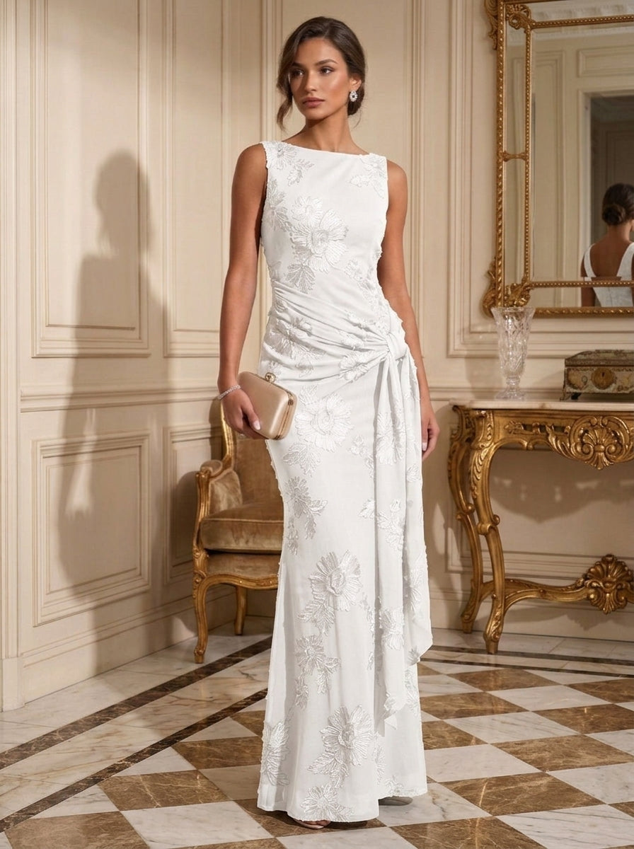 Sheath/Column Boat Neck Lace Embroidery Evening Dresses Sleeveless Floral Floor-Length Ruffles Formal Dresses