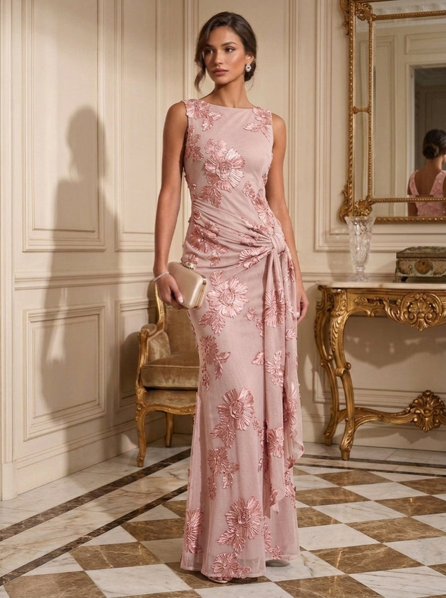 Sheath/Column Boat Neck Lace Embroidery Evening Dresses Sleeveless Floral Floor-Length Ruffles Formal Dresses