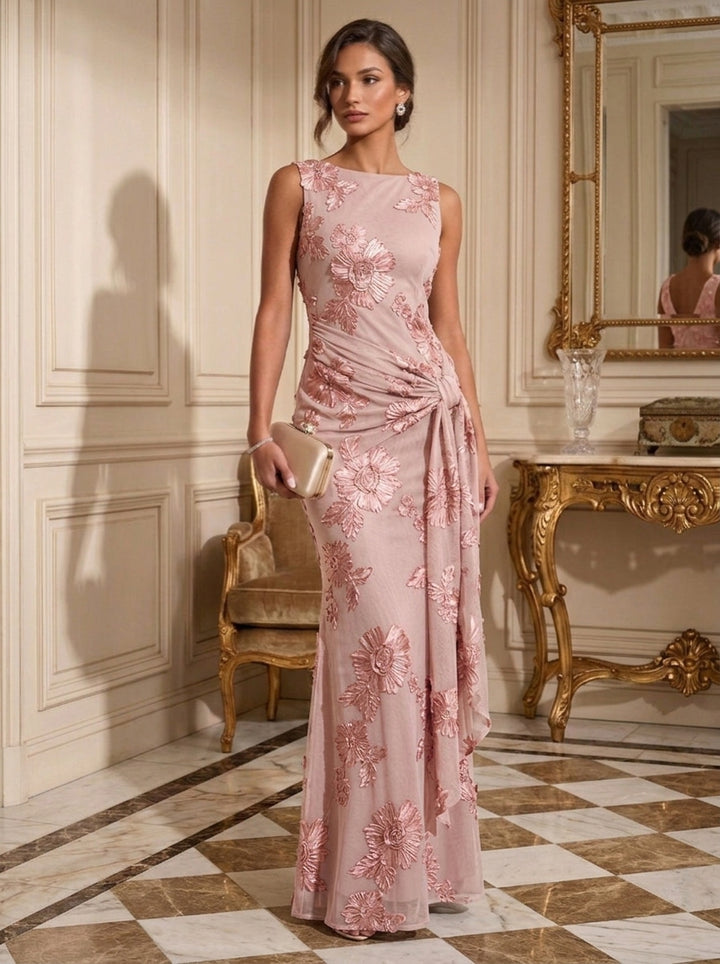 Sheath/Column Boat Neck Lace Embroidery Evening Dresses Sleeveless Floral Floor-Length Ruffles Formal Dresses
