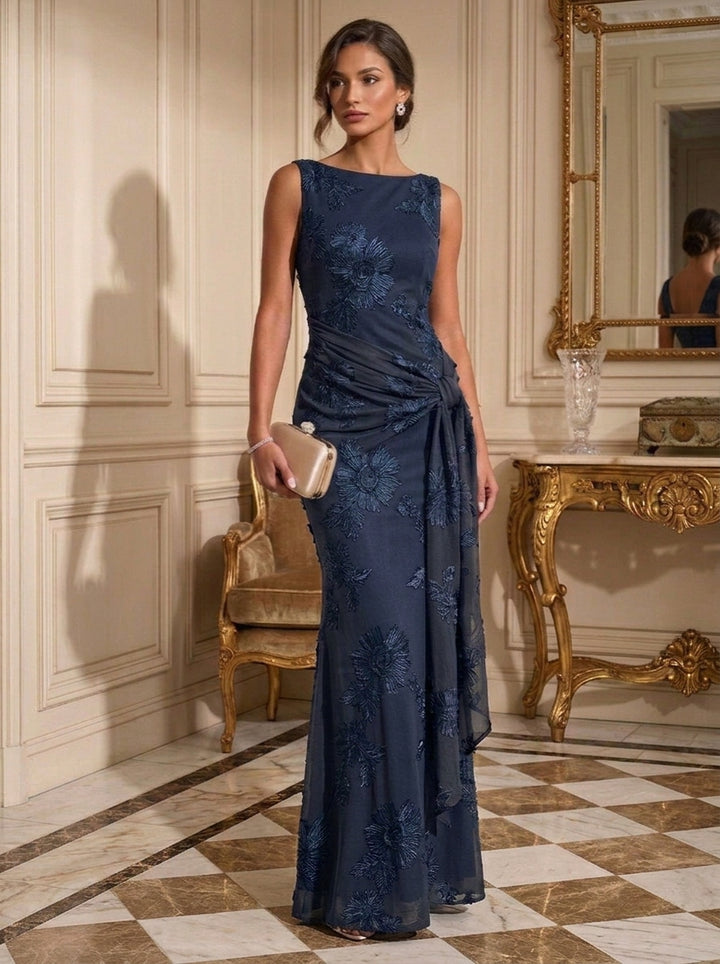 Sheath/Column Boat Neck Lace Embroidery Evening Dresses Sleeveless Floral Floor-Length Ruffles Formal Dresses