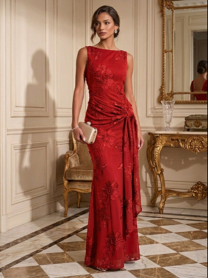 Sheath/Column Boat Neck Lace Embroidery Evening Dresses Sleeveless Floral Floor-Length Ruffles Formal Dresses