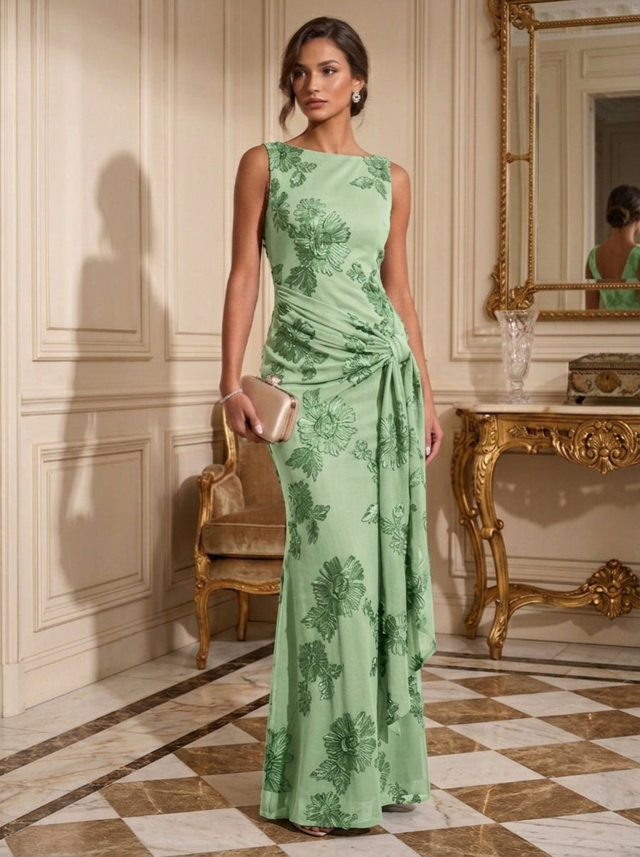 Sheath/Column Boat Neck Lace Embroidery Evening Dresses Sleeveless Floral Floor-Length Ruffles Formal Dresses