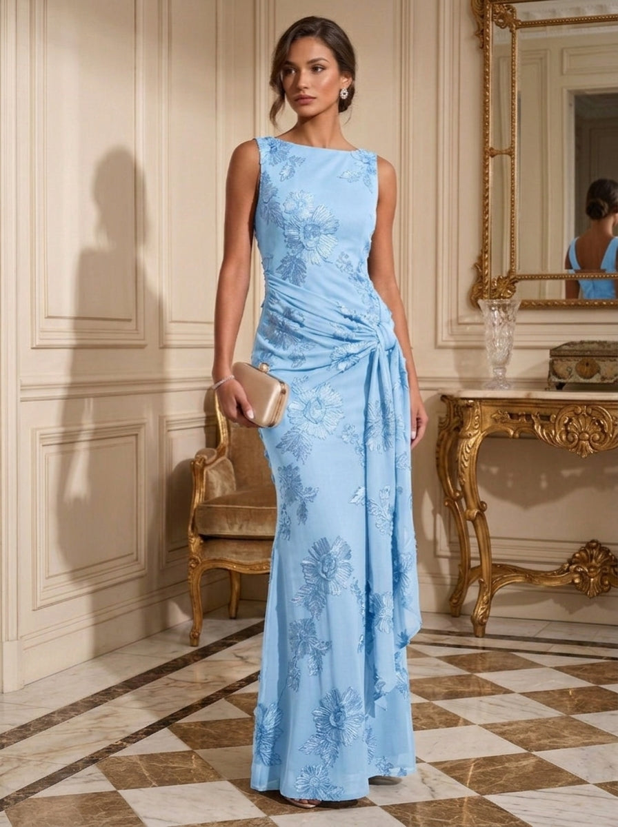 Sheath/Column Boat Neck Lace Embroidery Evening Dresses Sleeveless Floral Floor-Length Ruffles Formal Dresses