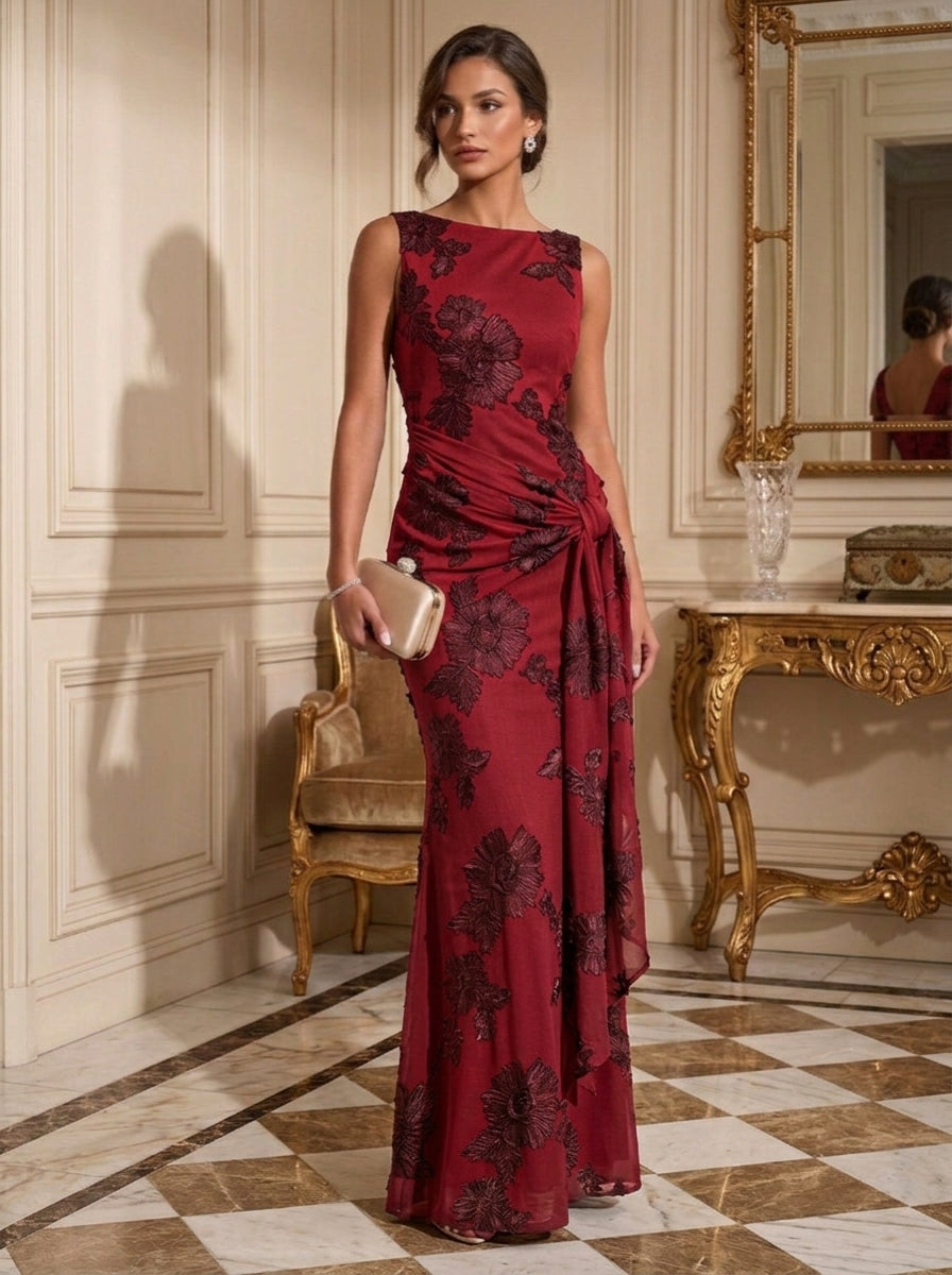 Sheath/Column Boat Neck Lace Embroidery Evening Dresses Sleeveless Floral Floor-Length Ruffles Formal Dresses