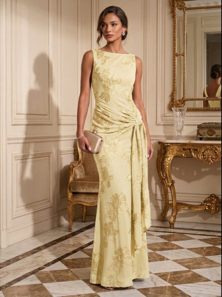 Sheath/Column Boat Neck Lace Embroidery Evening Dresses Sleeveless Floral Floor-Length Ruffles Formal Dresses