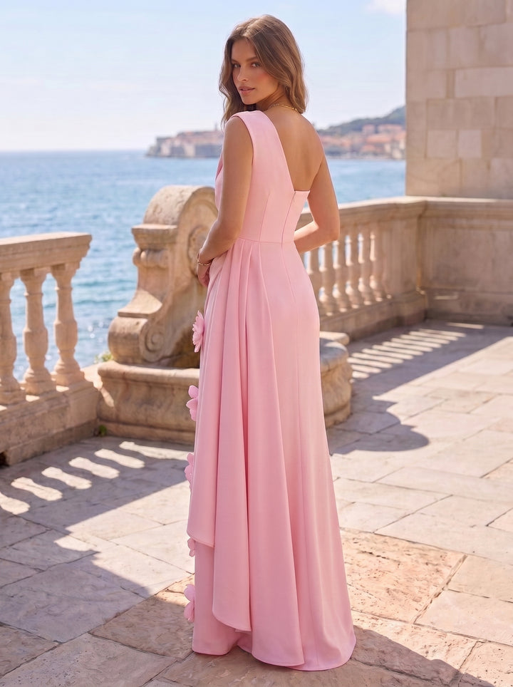 Sheath/Column One-Shoulder Stretch Satin Formal Dresses Floor-Length Sleeveless Evening Dresses Ruffles with 3D Flowers