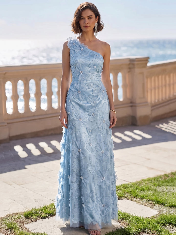 A-Line/Princess One-Shoulder Floral Formal Dresses Ankle-Length Sleeveless Evening Dresses