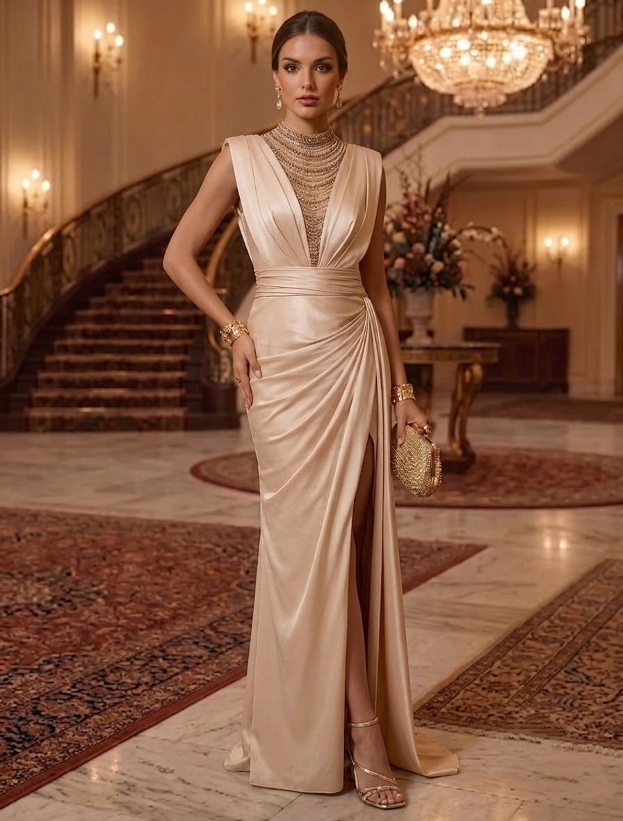 Sheath/Column Mock Neck Silk Satin Evening Dresses Floor-Length Sleeveless Formal Dresses Split Side