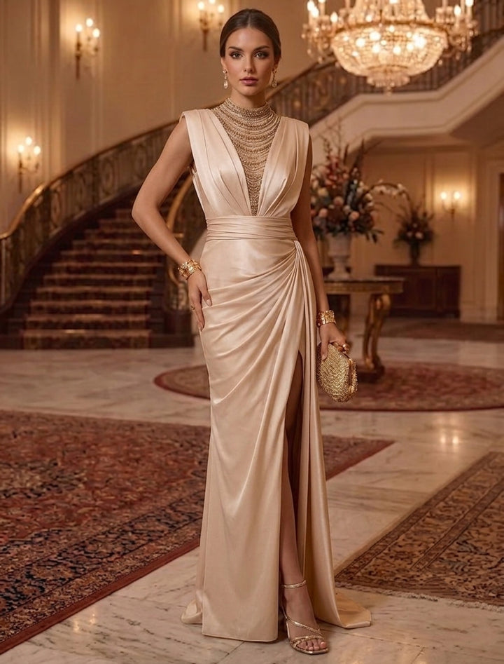 Sheath/Column Mock Neck Silk Satin Evening Dresses Floor-Length Sleeveless Formal Dresses Split Side