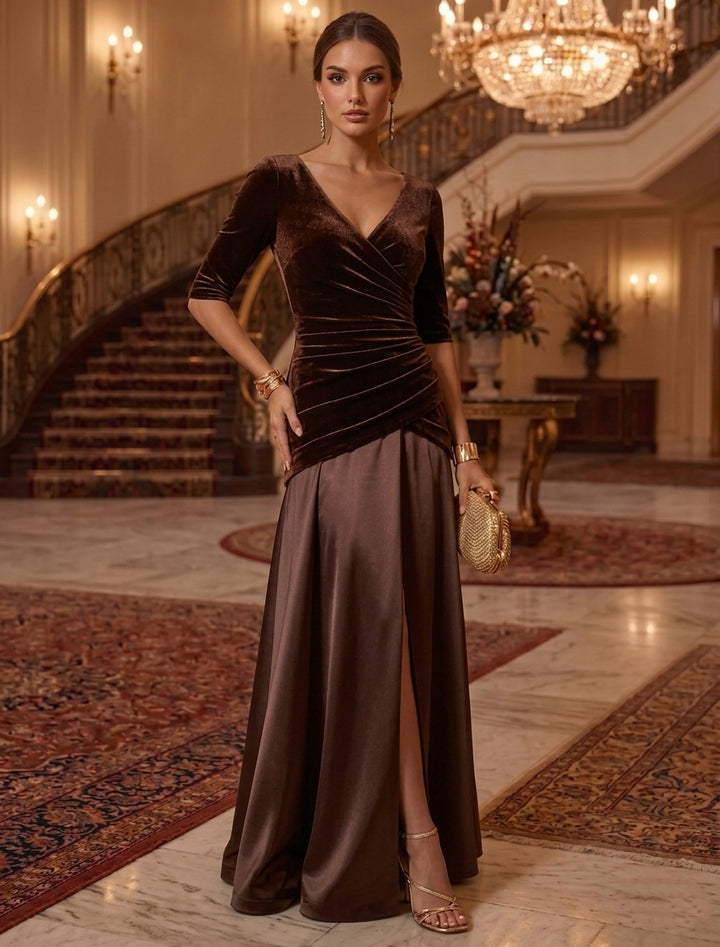 A-Line/Princess V-Neck Evening Dresses Velvet Floor-Length Half Sleeves Formal Dresses Split Side
