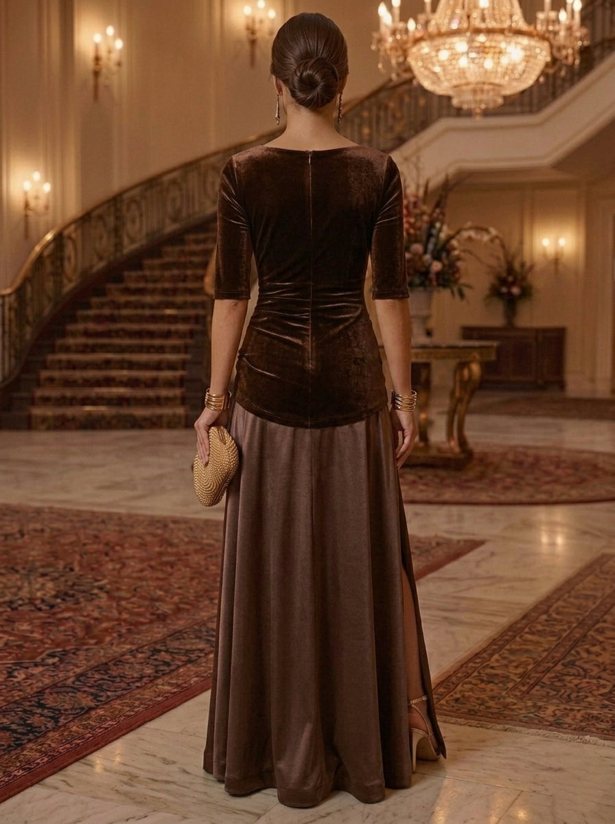 A-Line/Princess V-Neck Evening Dresses Velvet Floor-Length Half Sleeve