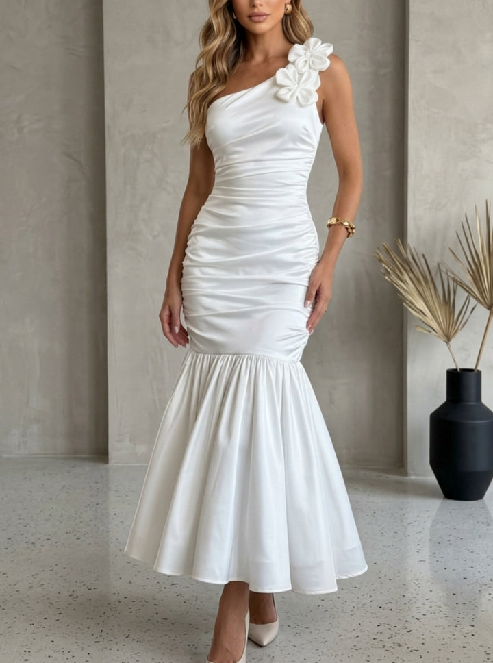 Trumpet/Mermaid One-Shoulder Cocktail Dresses with 3D Flower Ankle-Length Little White Dresses