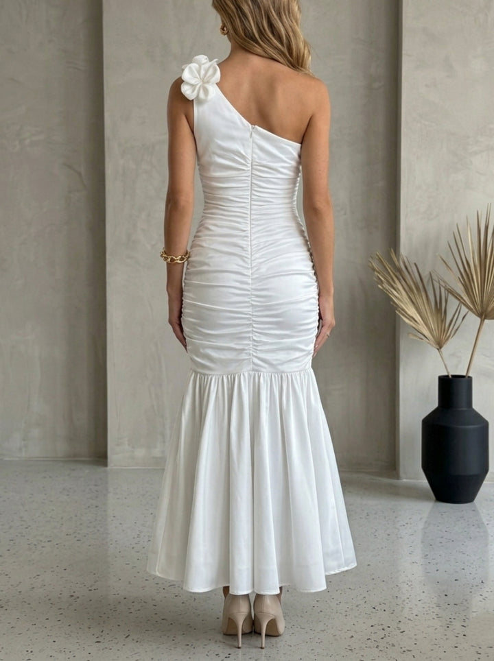 Trumpet/Mermaid One-Shoulder Cocktail Dresses with 3D Flower Ankle-Length Little White Dresses