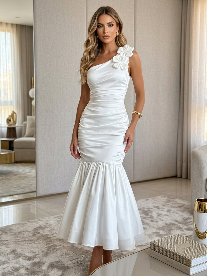 Trumpet/Mermaid One-Shoulder Cocktail Dresses with 3D Flower Ankle-Length Little White Dresses