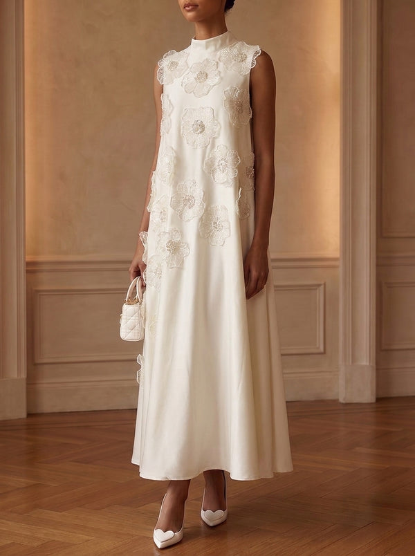 A-Line/Princess Mock Neck Satin Cocktail Dresses with 3D Flower Ankle-Length Sleeveless Little White Dresses