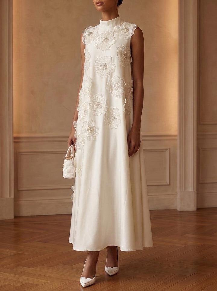 A-Line/Princess Mock Neck Satin Cocktail Dresses with 3D Flower Ankle-Length Sleeveless Little White Dresses