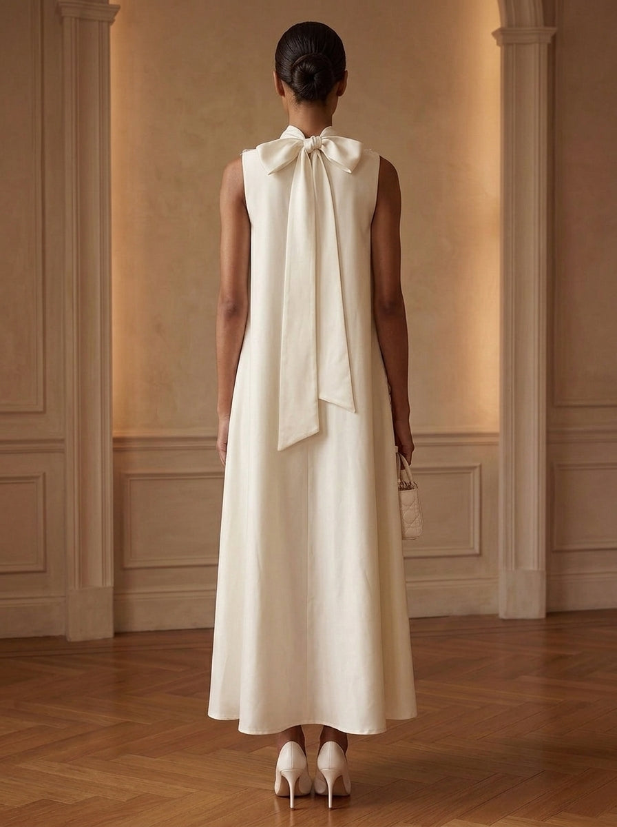 A-Line/Princess Mock Neck Satin Cocktail Dresses with 3D Flower Ankle-Length Sleeveless Little White Dresses