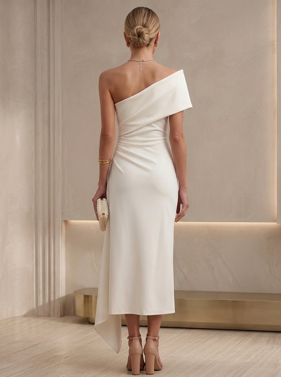 Sheath/Column One-Shoulder Stretch Satin Cocktail Dresses Tea-Length Sleeveless Little White Dresses Party Dresses