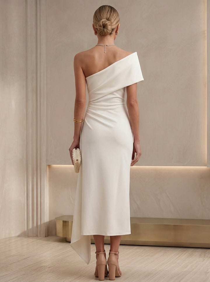Sheath/Column One-Shoulder Stretch Satin Cocktail Dresses Tea-Length Sleeveless Little White Dresses Party Dresses