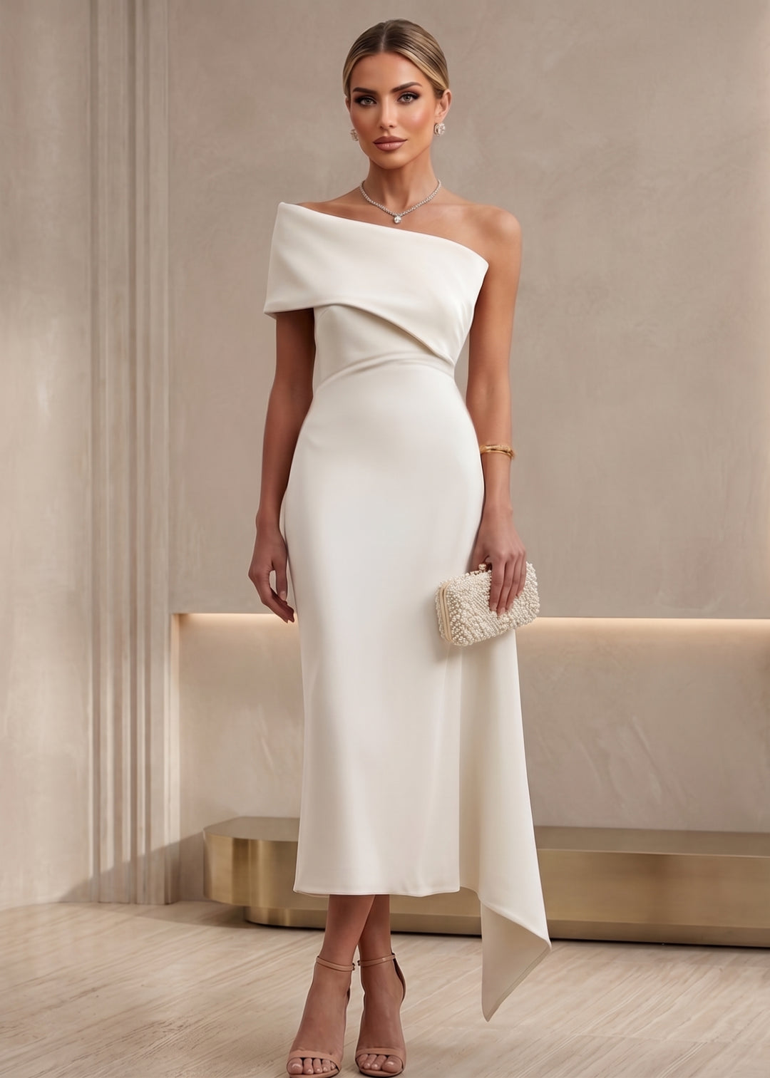 Sheath/Column One-Shoulder Stretch Satin Cocktail Dresses Tea-Length Sleeveless Little White Dresses Party Dresses