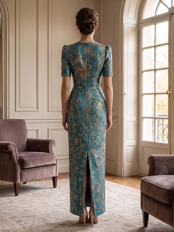 Sheath/Column Scoop Jacquard Formal Dresses Ankle-Length Short Sleeves Evening Dresses Floral