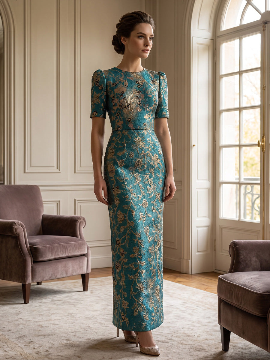 Sheath/Column Scoop Jacquard Formal Dresses Ankle-Length Short Sleeves Evening Dresses Floral