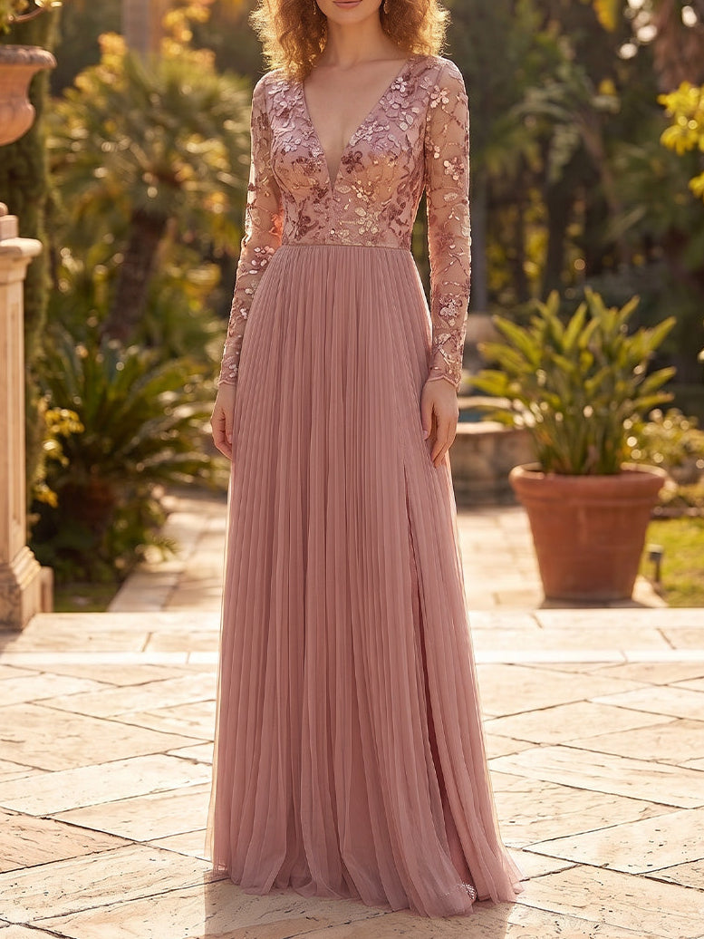 A-Line/Princess V-Neck Tulle Evening Dresses Floor-Length Long Sleeves Formal Dresses Floral